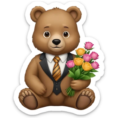 A bear sitting down wear a tie and holding a 💐 sticker