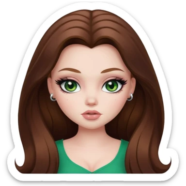  long brown hair, pale skin, green eyes, pretty bratz baddie, plus size baddie, black eyeliner, blush sticker