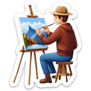 Artist painting a beautiful autumn mountain peak destination on canvas sticker