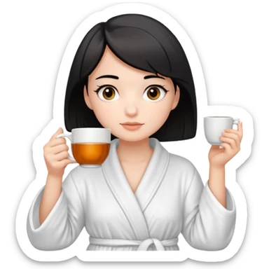 White girl with brown eyes and short black hair drinking a cup of tea in a bathrobe sticker