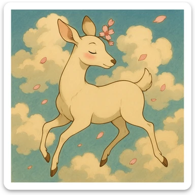 feminine adult vanilla cloud doe with rosy cheeks and cherry flowers, floating gracefully, Ghibli style sticker