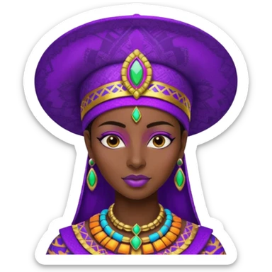 Create me an emoji of a beautiful Ethiopian Queen of Sheba wearing a neon purple gradient African patterns with metallic "isicholo" (a Zulu-inspired hat).  sticker