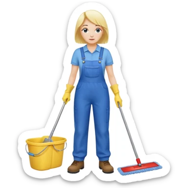 middle-aged women, Custodian with yellow rubber gloves, white T-shirt, blue overalls, mopping floor sticker
