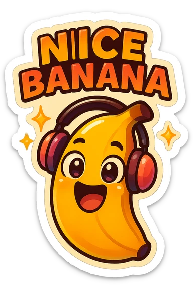 Funny cartoon banana, big happy smiling face, wearing tiny headphones, wide excited eyes, tiny sparkles around, text above: "NE BANANA", chibi style, Twitch emoji style, colorful, transparent background sticker