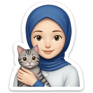 White girl wearing dark blue hijab with white shirt smiling while holding a black grey tabby cat sticker