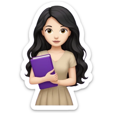 Long Hair Women with purple Book, Black wavy hair, beige dress sticker