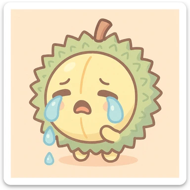 cute round chibi durian with green spikes, yellow inside, crying with large teardrops, pastel palette sticker