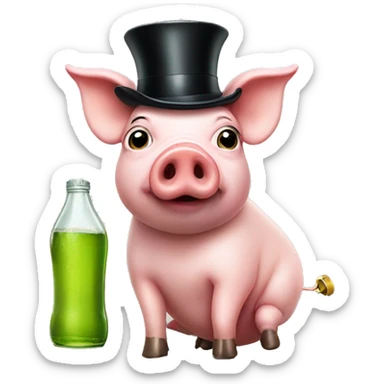 A pig with a top hat and a monocle drinking a bottle that says apple juice sticker