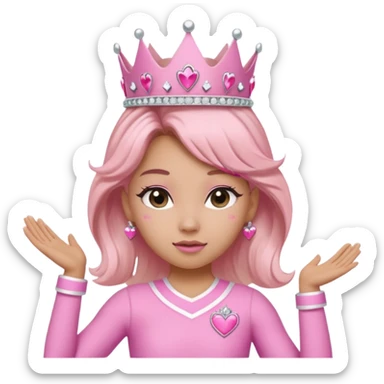make a cheerleader wearing pink, leaving to the side and tilting head away from her right hand which is against the side of her head facing up forming part of a crown and have her other hand on her hip. then make her hair flipping in a high pony with a pink bow that has hearts made out of rimestones sticker