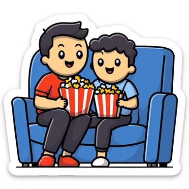 Person sitting comfortably on couch watching movie with popcorn in hand, excited expression sticker