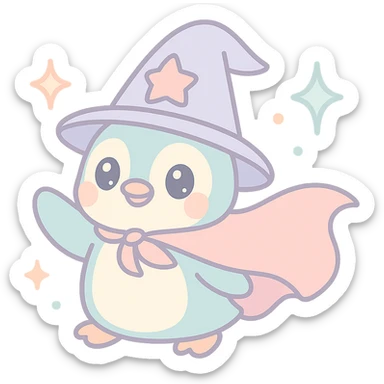 playful penguin wizard with a flowing cape surrounded by sparkles and magical effects sticker