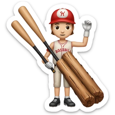 Wood log with arms and legs, holding a baseball bat sticker