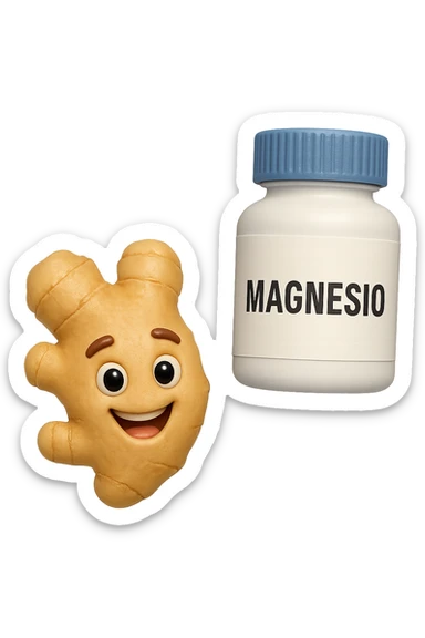 emoji stile iphone 3d di un pezzetto di zenzero e una boccetta di magnesio con la scritta "MAGNESIO" SULL'ETICHETTA CHE FLUTTUANO IN ARIA, iperrealistico 4k sticker