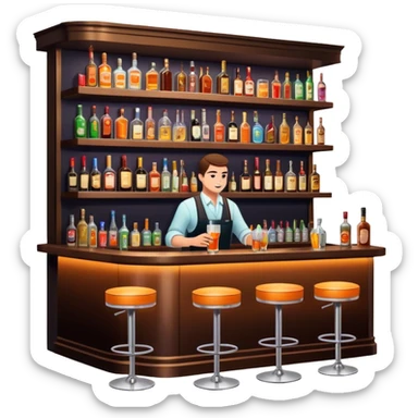 A stylish and modern bar with dim lighting, neon signs, and a well-stocked shelf of liquor bottles. Cozy seating, a bartender preparing drinks, and a lively atmosphere sticker