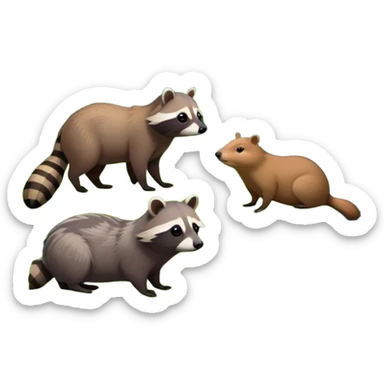 Collage of a raccoon and capybara in a lush, vibrant forest. The raccoon curiously looks around, while the capybara rests peacefully near a stream. The forest is full of green trees, leaves, and soft sunlight. A serene and natural background. sticker
