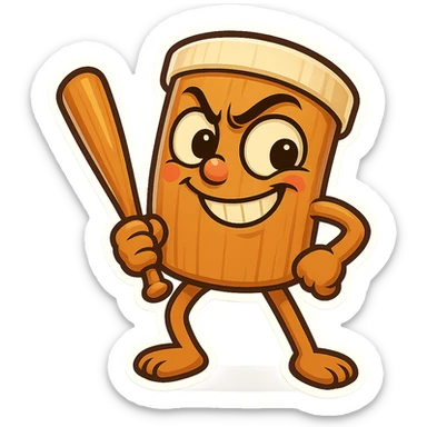 chibi emoji of Tun Tun Suhoor, wooden stick body with smooth brown texture, drum-like cylindrical body, holding baseball bat, cartoon style, bright vivid colors, expressive face, dynamic pose, a bit creepy yet funny,  sticker