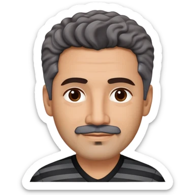 Latino theatre director in his late 40s with cinnamon skin. Square structured face. Approachable expression with gentle smile. Calm dark eyes. Thick eyebrows. Well-groomed black goatee with a few gray hairs. Short curly dark hair. Wearing a black V-neck shirt with gray stripes. sticker