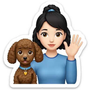Ponytail black hair girl with brown Poodle say goodbye  sticker