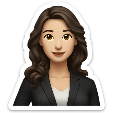 Caucasian Woman with voluminous long dark brown hair, dark brown eyes, pretty smile, dressed with a black blazer and pointing upwards sticker