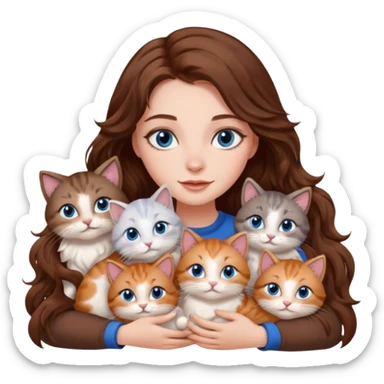 girl with long wavy brown hair, blue eyes, long lashes makeup, cuddling with 6 cats sticker