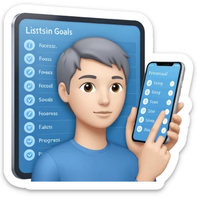 Create an image of an AI coach helping people set goals based on their hobbies. Show a person chatting with the AI, where the screen displays a list of steps and goals. Add elements of progress and personalization. Use a color palette that is associated with technology and innovation. sticker