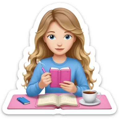 pretty female with long wavy brown hair with blonde highlights and blue eyes writing in a relaxed position in a pink journal with a cup of tea sticker