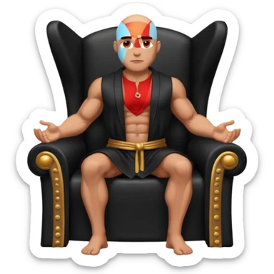 fullbody jacked bald guy, sleeveless and unbuttoned in full black robe sitting sticker