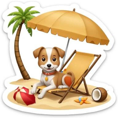 a dog laied on a beach chair, a sunny beach, a sun umbrella, and beach coconut trees. the icon should capture the essence of a relaxing beach vacation with a carefree atmosphere sticker