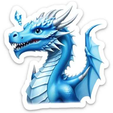 Cinematic Noble elegant Ice Dragon Portrait Emoji, Poised and imposing, distinct long elegant snout, with a slender, scaled body shimmering in glacial hues of icy blue, frostbitten silver, and crystalline white, breathing out frost, with piercing, glowing ice blue white eyes that radiate the chilling depths of an arctic storm; rendered in detail. Breathing out a frost mist sticker