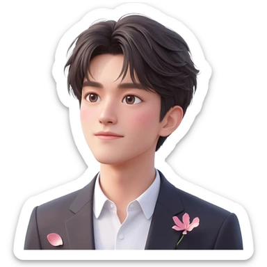Gorgeous romantic anime style Asian formal modern gentlemanly guy with pretty hair and flower petals and blushing face aesthetic trending style outside with colorful gradient colors  pastelcore cottagecore kawaiicore sticker
