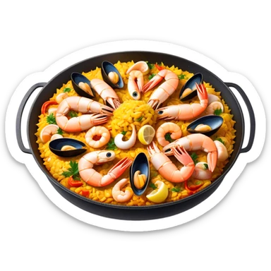 Cinematic Realistic Paella Dish Emoji, depicted as a vibrant, aromatic rice dish loaded with seafood, chicken, and saffron rendered with rich textures and dynamic, warm lighting. sticker