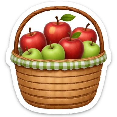woven basket with apples and white checkered cloth, brown sticker