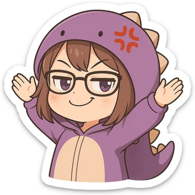 Chibi anime style gamer girl with glasses, brown hair, dark purple eyes, wearing a purple dinosaur costume, new pose with arms up in excitement, making a smug expression, no controller, no background, same style as reference. sticker