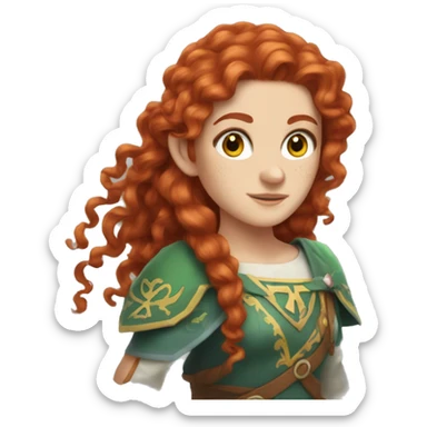 a white girl with long red curly hair and freckles, cosplaying Zelda sticker