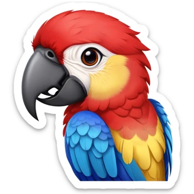 Cinematic Realistic Cute Macaw Portrait Emoji, Head tilted playfully and inquisitively, featuring a compact, lively build with intricately detailed, vivid scarlet and blue feathers and a charming, expressive face with round, sparkling eyes full of tropical wonder, rendered with realistic texture and vibrant natural hues, high shine, affectionate and spirited, styled with a touch of whimsical rainforest charm, soft glowing outline, capturing the essence of a mischievous yet lovable macaw that seems poised to flutter playfully into your arms! sticker