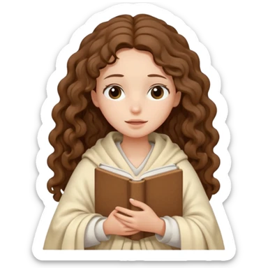 slender girl with fair skin with long curly brown hair wrapped in a cream blanket in her hands a white book eyes closed sticker