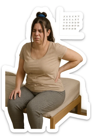 a woman in her 30s sits on the edge of her bed in the morning, holding her lower back with a pained expression. Subtle visual cues, like uneven shoulders or hips, hint at postural asymmetry. The room is softly lit, and a calendar on the wall shows months crossed off, symbolizing chronic pain over the years. sticker