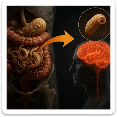 Hyperrealistic 4K medical illustration of a realistic intestine in a similar position to the reference image, infested with numerous parasites including worms and larvae. Enlarged detailed view of a parasite. Medical atmosphere with emphasis on disease and tumor risks. Include an arrow connecting the intestine and brain. sticker