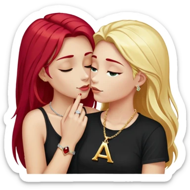 close-up of 20 year old couple kissing, girl with long cherry red hair, blonde eyebrows, gold necklace with letter A, diamond gold ring, red bracelet, boy with bright white hair wearing silver ring with black stone and dark t-shirt sticker