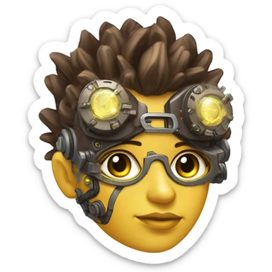 Brown with yellow streaks Mohawk hair female cyborg head, tan skin, steampunk goggles and circuits sticker