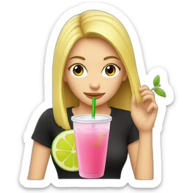 blonde girl straw drinking pink lemonade with one green lemon in the cup, with black watch black tshirt sticker
