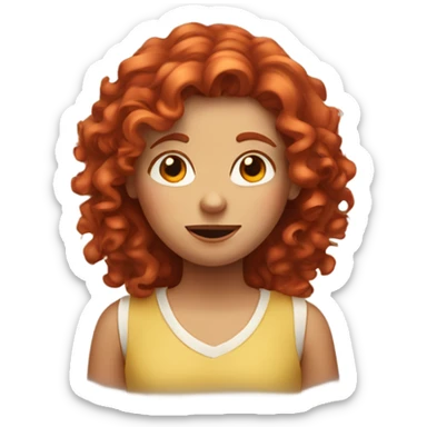 A curly red headed girl with a middle part shrugging sticker