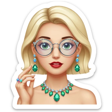 gem lover woman with gem accessories excessive amount gem glassess very big gem earrings sticker