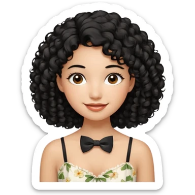A young woman. She has voluminous, curly black hair that frames her face beautifully. Her skin tone is warm and glowing, and she has a subtle, natural makeup look. She’s smiling softly at the camera. She is wearing a white floral top with thin straps and a small bow tie detail in the front. sticker