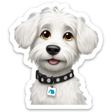 Scruffy white dog with black spots with a name tag that says Stuart  sticker
