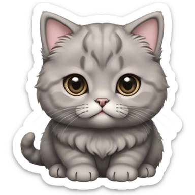 Cinematic Adorable Fluffy Grey Scottish Fold Cat Portrait Emoji, Head tilted cutely with big, sparkling eyes and adorable folded ears, soft grey fur with darker points on the ears, face, and paws, Simplified yet irresistibly adorable features, highly detailed, glowing with a soft, warm glow, high shine, affectionate and playful, stylized with a touch of whimsy, bright and endearing, soft glowing outline, capturing the essence of a curious and loving kitten with the signature charm of a Scottish Fold's unique folded ears, so cute it feels like it could leap out of the screen and snuggle up for a cuddle! sticker