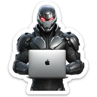 Side view developer behind his laptop with this style : Crytek Crysis Video game with nanosuit hacker themed character sticker