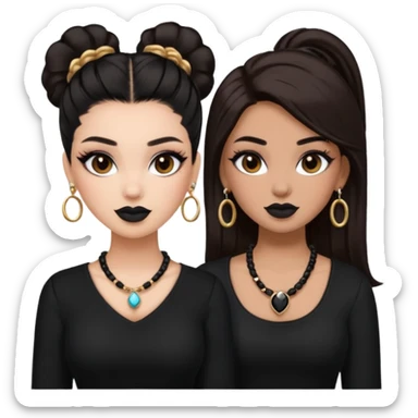 Boujy baddie best friends, trendy heavy makeup both dark hair one light skinned and one mocha brown pretty hair style both wearing black and earrings and necklace  sticker