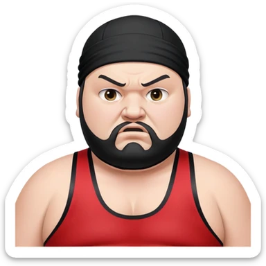 Extreme close-up of face of morbidly obese white skin guy with young face, prominent BLACK DURAG tied clearly on head, black beard but no mustache, clean shaven upper lip, black eyes in a red and black wrestling singlet with angry expression sticker
