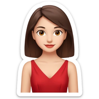 Cartoon emoji of a young brunette woman with fair-medium skin, brown eyes, wearing a red outfit. Full-height, standing confidently in a red dress  posing sexy with a smile and relaxed posture. Smooth, friendly, stylized, make up on, flirty eyes and smile sticker